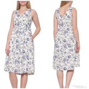 Cynthia Rowley blue floral linen dress V -neck with pockets size 10 medium